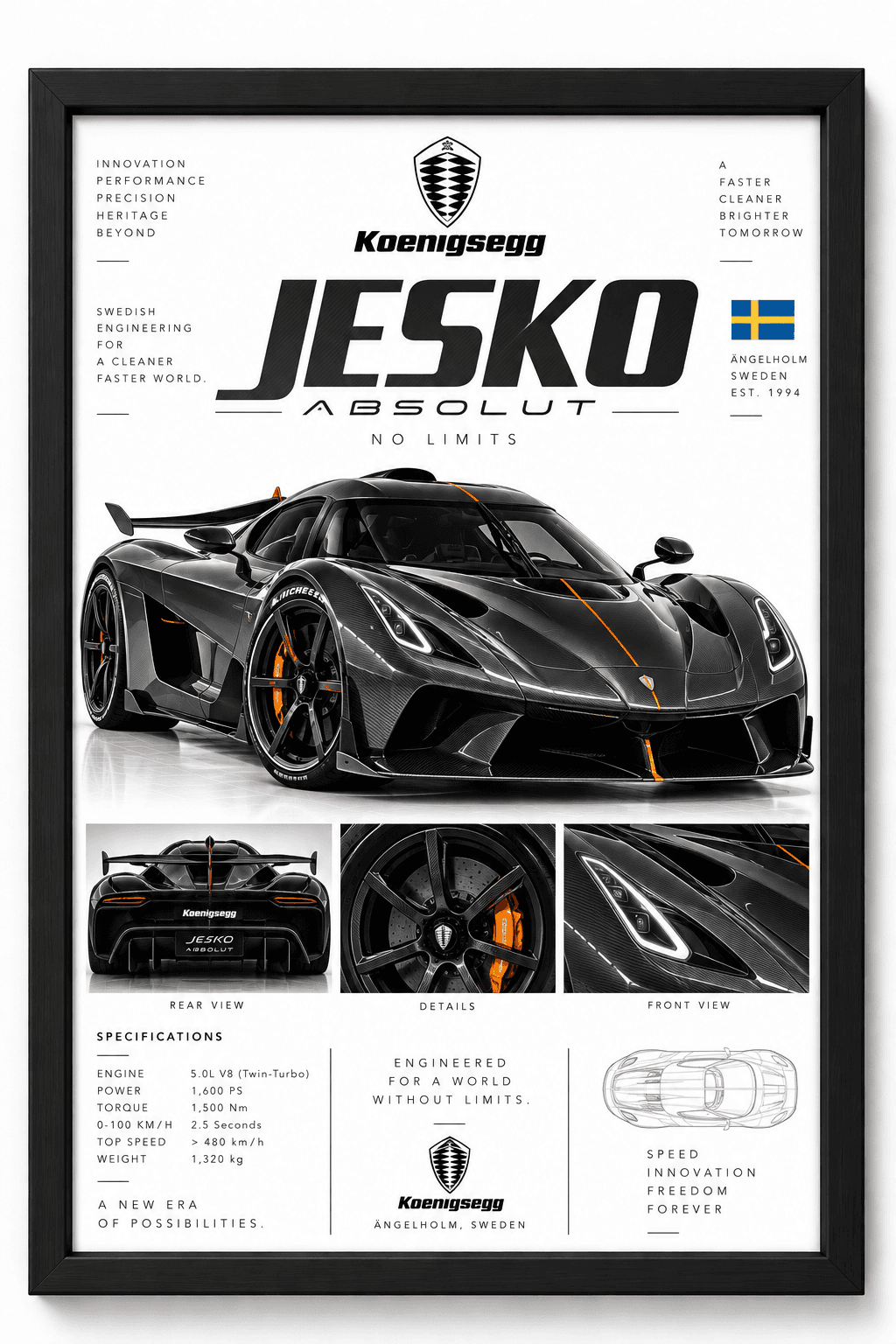Framed dark Koenigsegg Jesko Absolut hypercar poster with detail panels