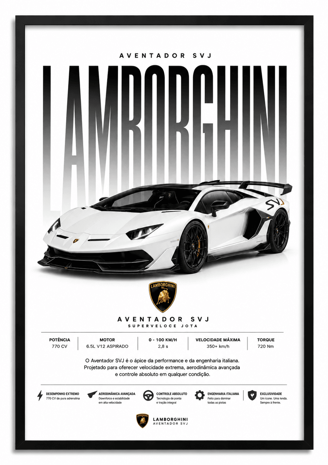 Framed Lamborghini Aventador SVJ supercar poster in white on a minimal spec-sheet background