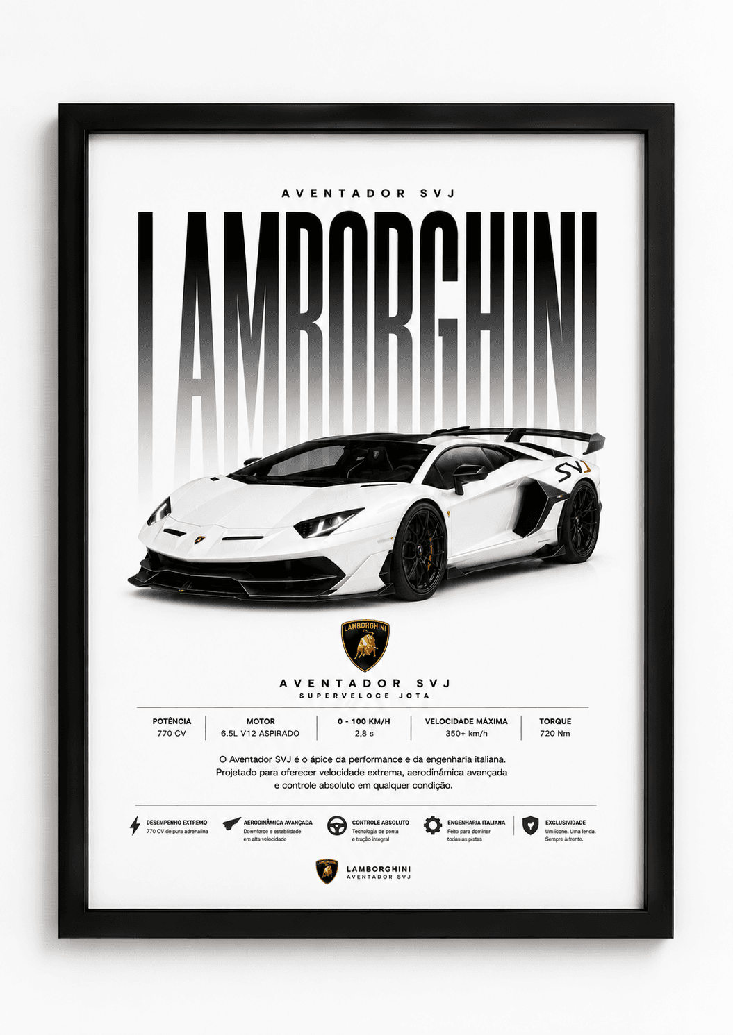 Framed Lamborghini Aventador SVJ poster with bold vertical typography