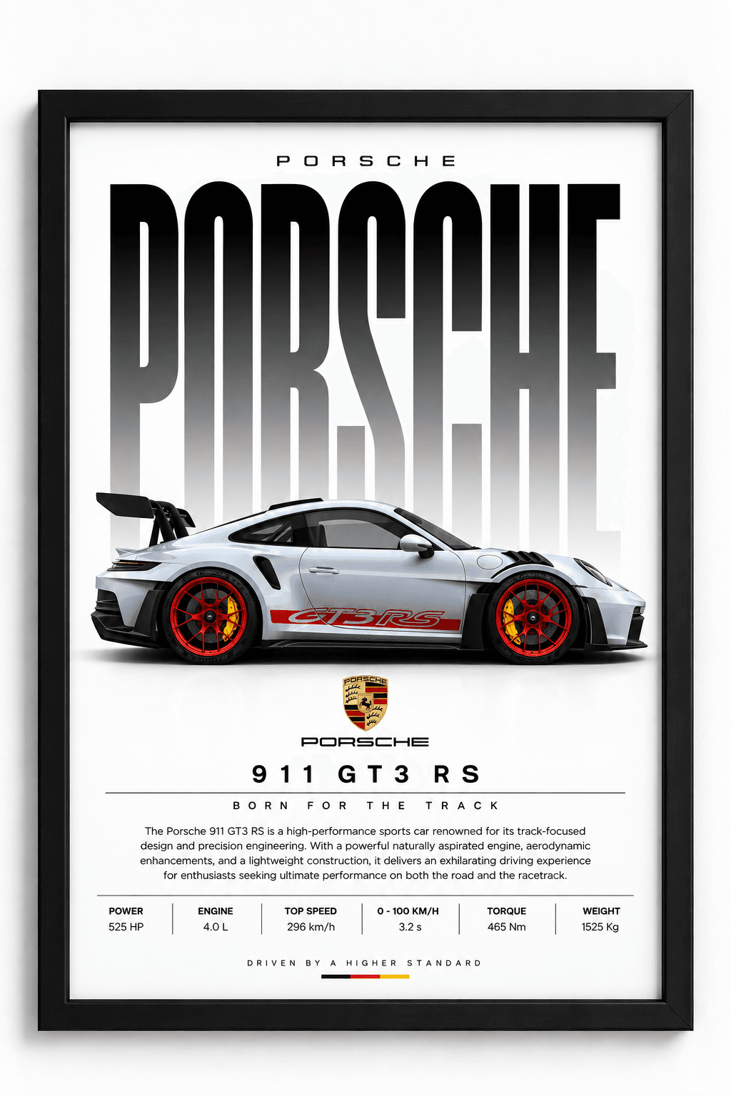Framed white Porsche 911 GT3 RS rear-view poster with red wheels