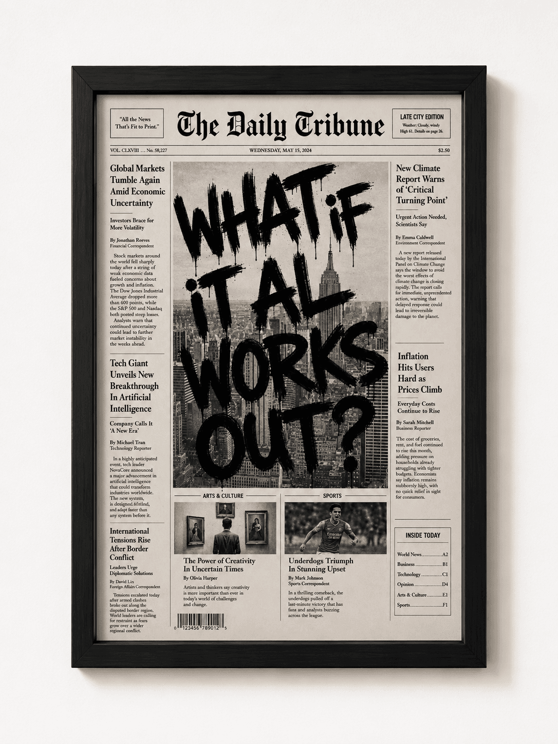 Framed Daily Tribune newspaper poster reading What If It All Works Out
