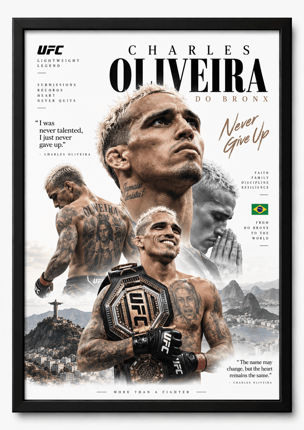Framed Charles Oliveira UFC champion tribute poster with belt