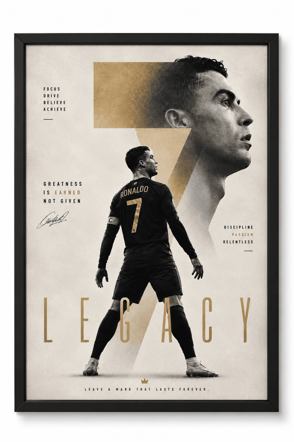 Framed Cristiano Ronaldo number 7 Legacy gold-and-black poster
