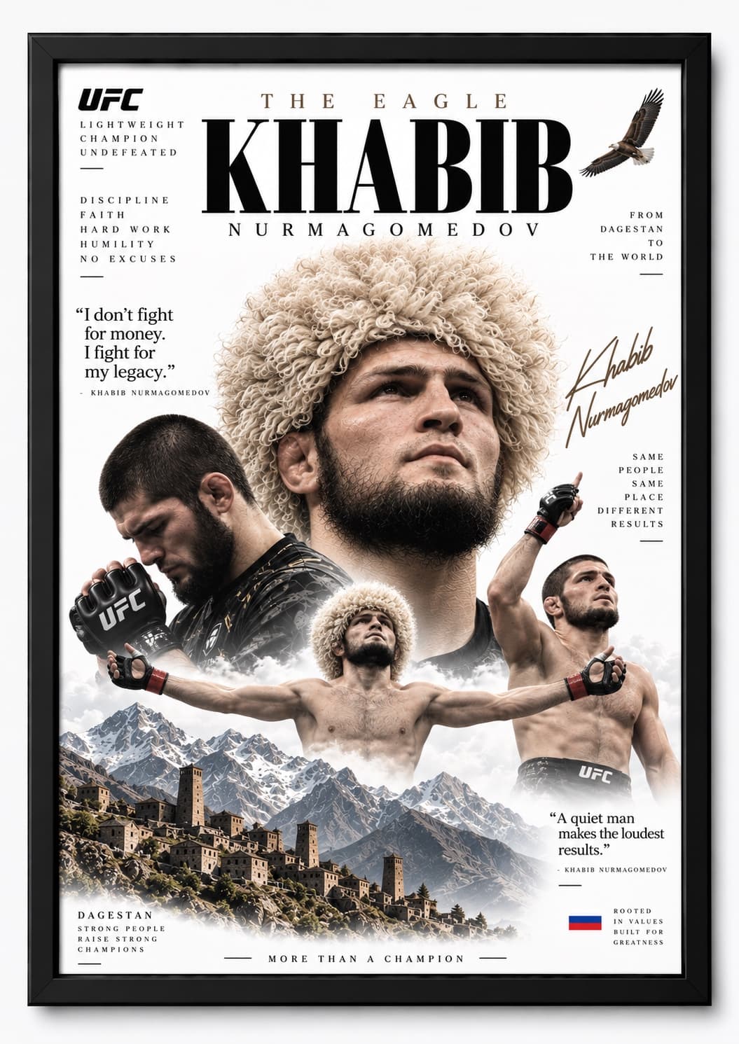 Framed Khabib Nurmagomedov The Eagle UFC tribute poster with mountains
