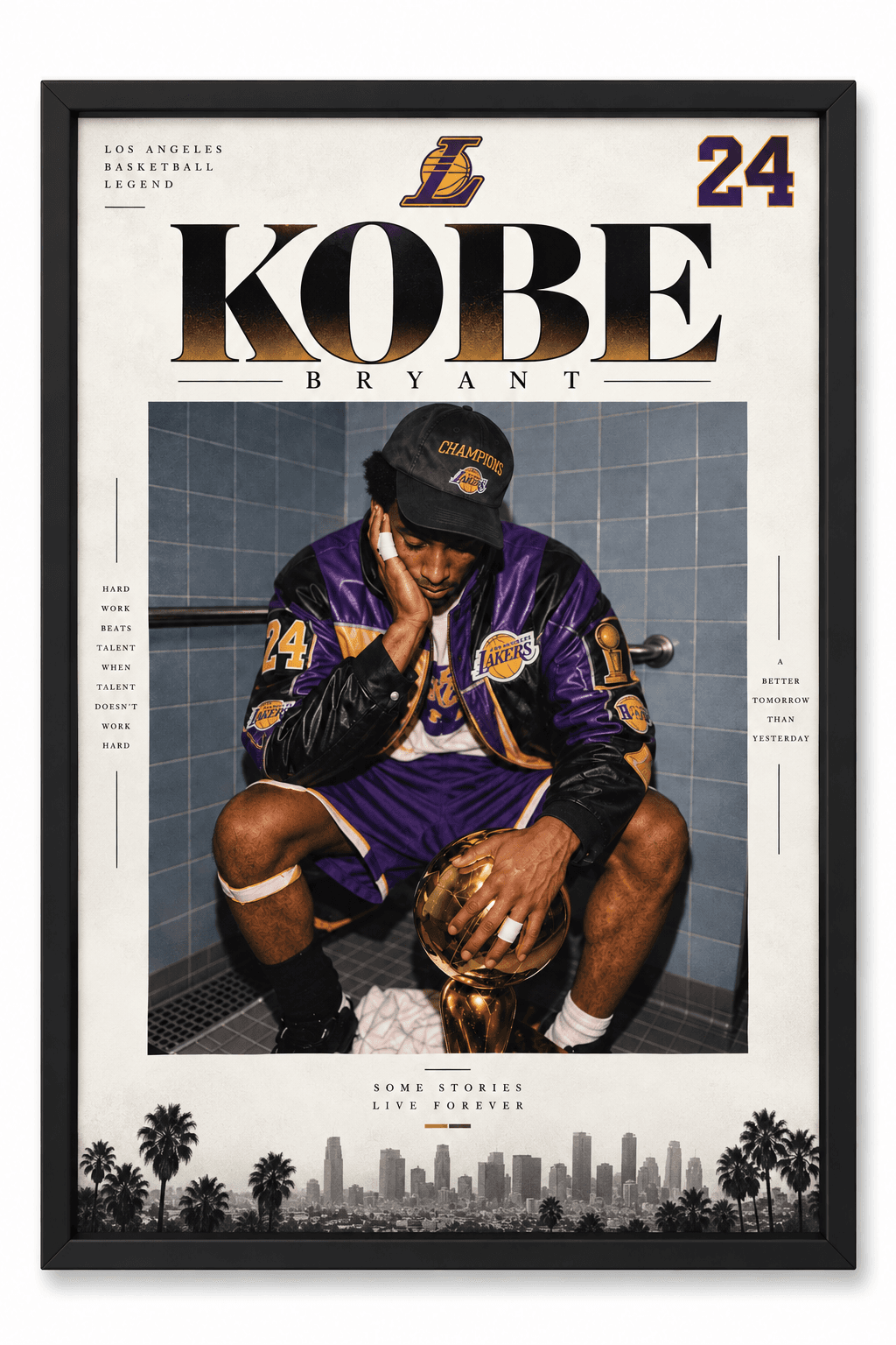 Framed Kobe Bryant sitting with championship trophy poster