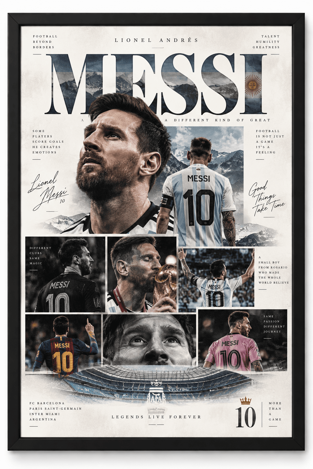 Framed Lionel Messi career moments collage poster with number 10