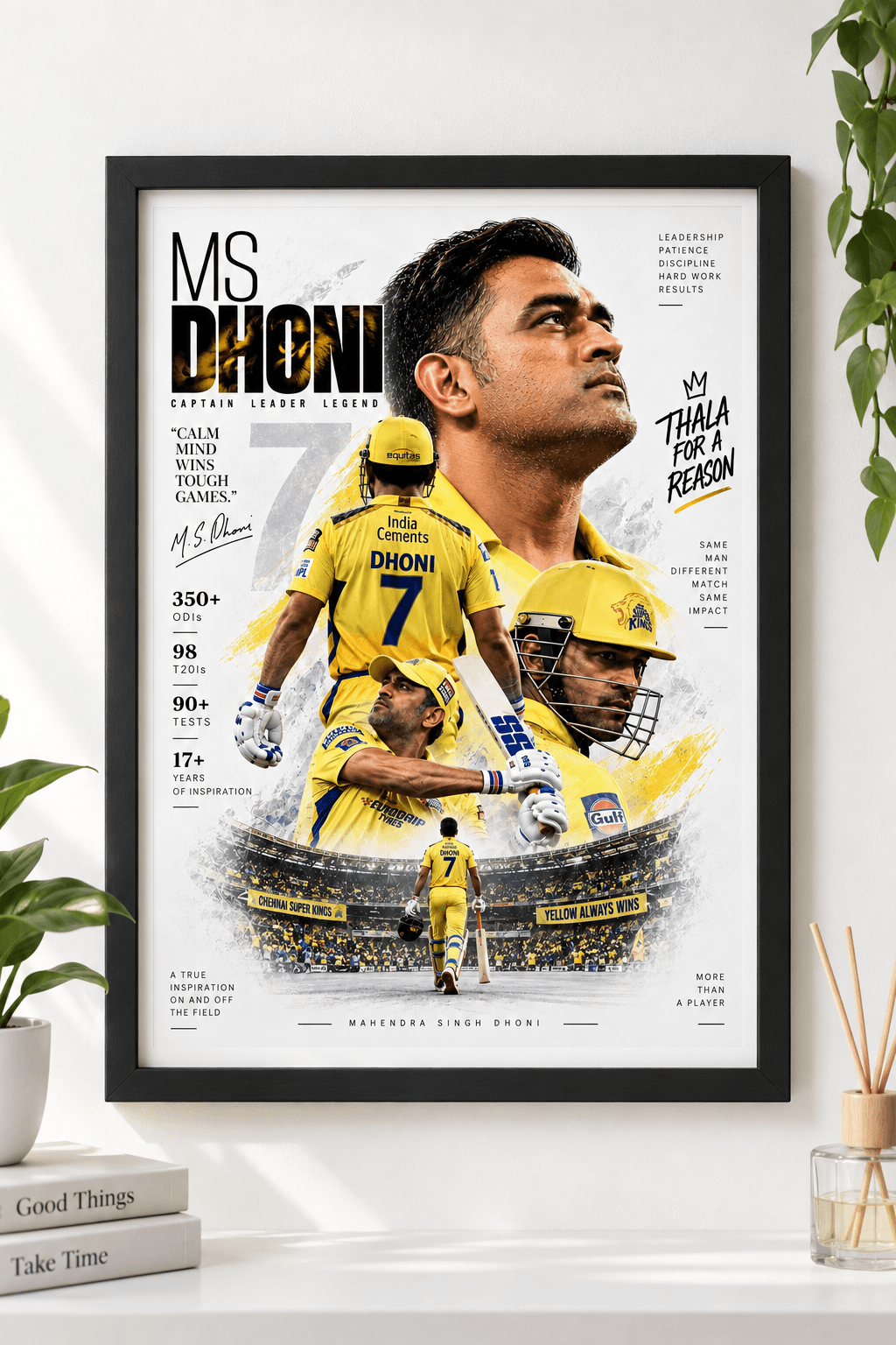 Framed MS Dhoni Chennai yellow number 7 tribute poster