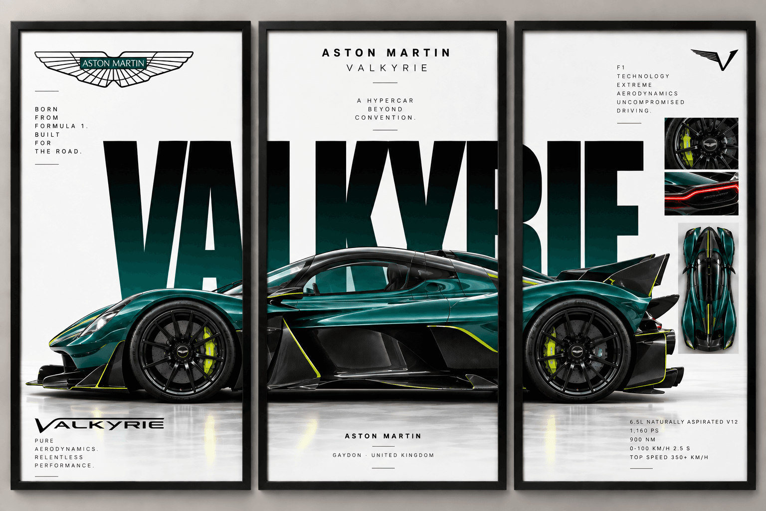 Aston Martin Valkyrie Three in One, set of three separate framed posters