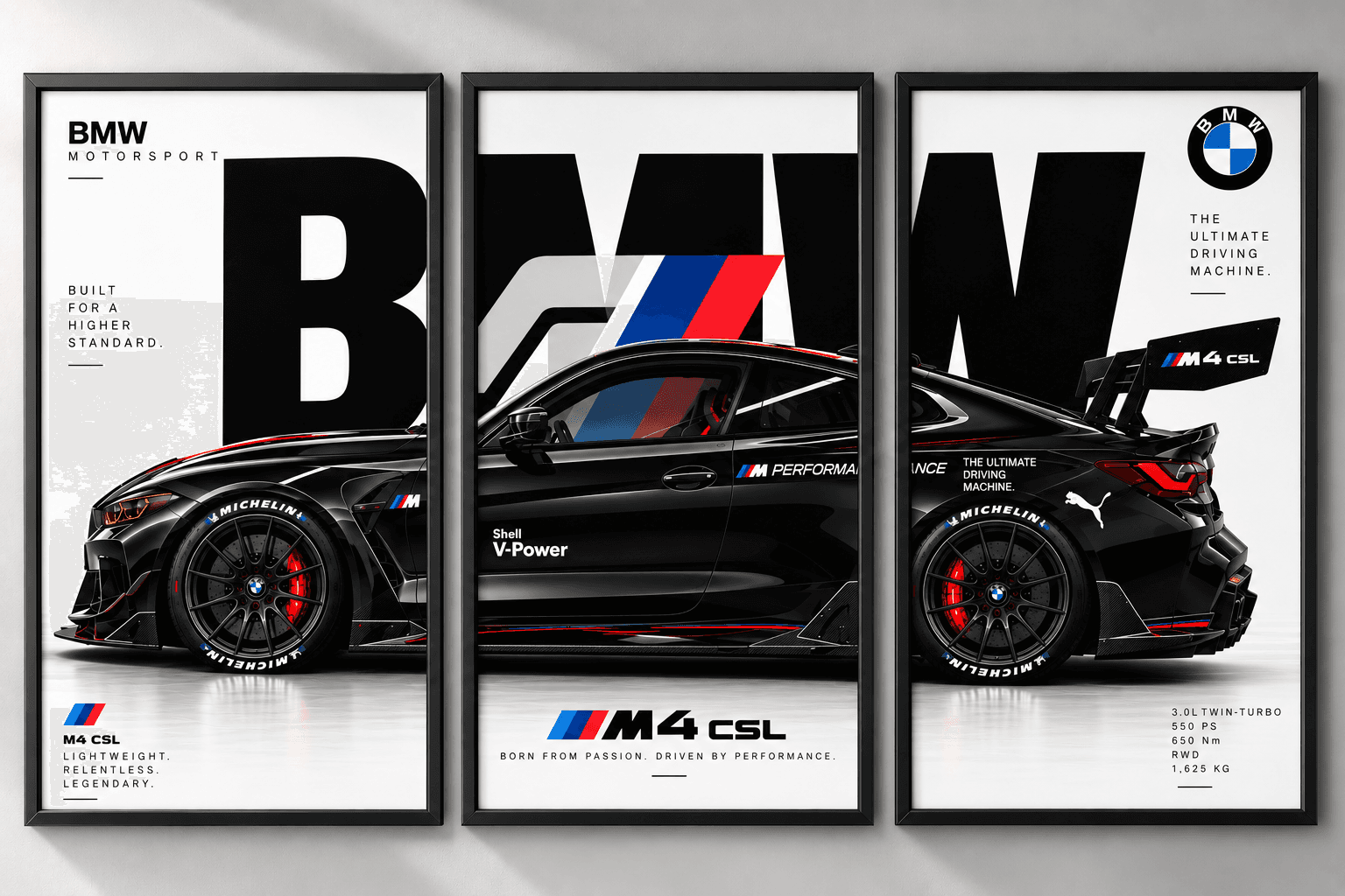 BMW M4 CSL Three in One, set of three separate framed posters spelling BMW