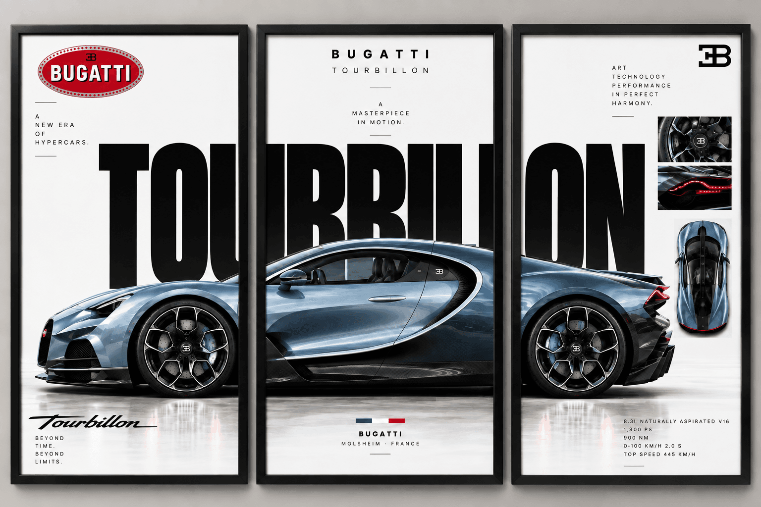 Bugatti Tourbillon Three in One, set of three separate framed posters