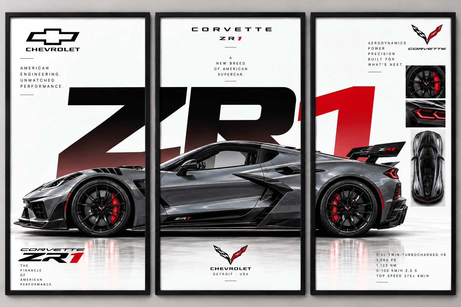 Corvette ZR1 Three in One, set of three separate framed posters spelling ZR1