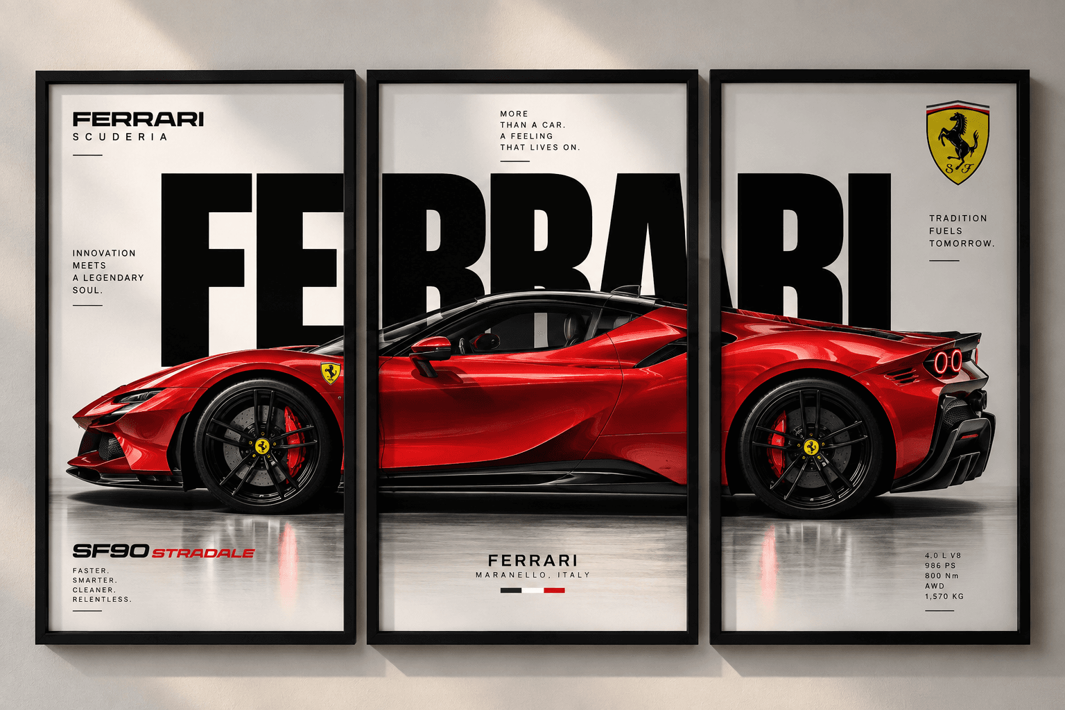 Red Ferrari SF90 Stradale Three in One, set of three separate framed posters
