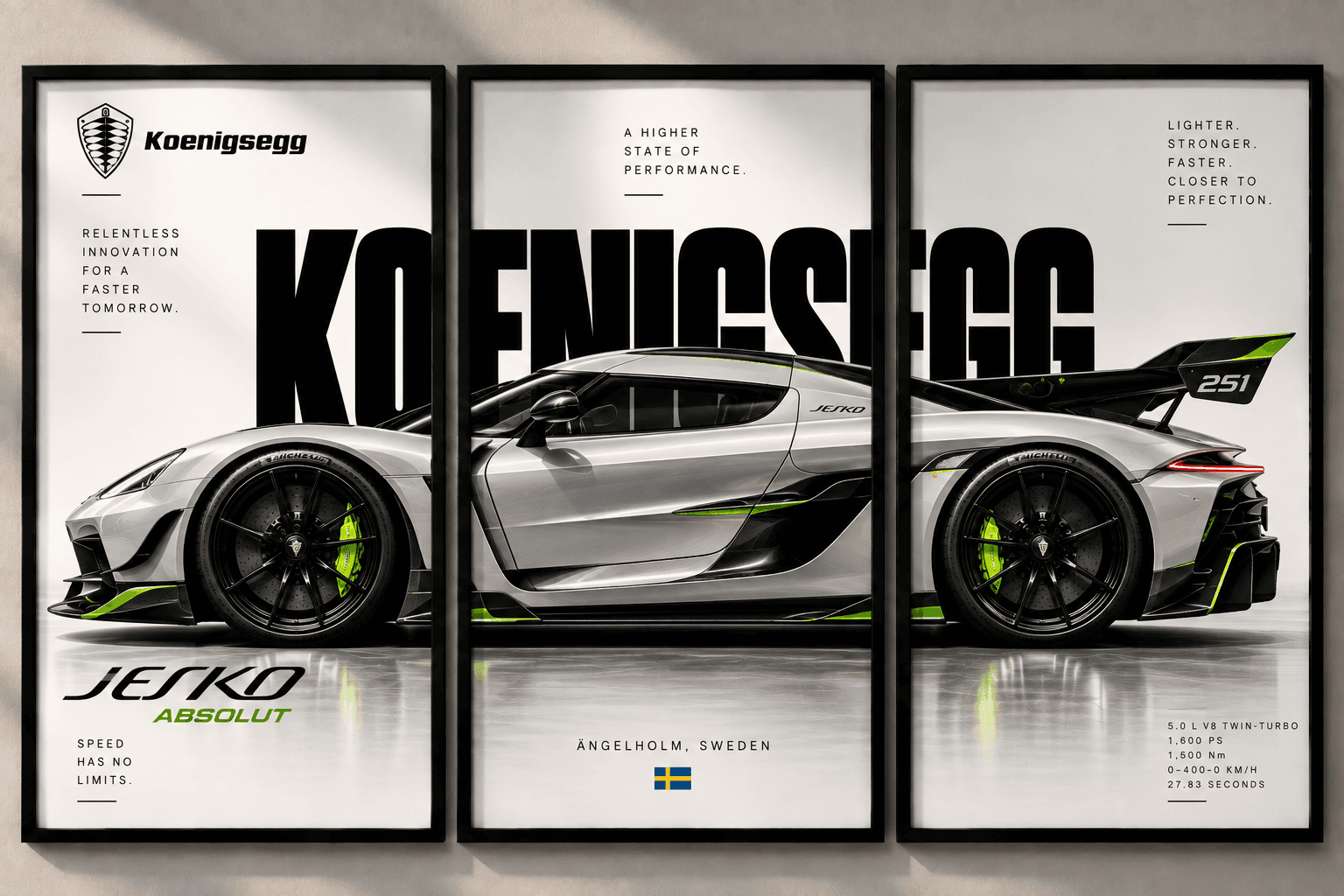 Koenigsegg Jesko Absolut Three in One, set of three separate framed posters