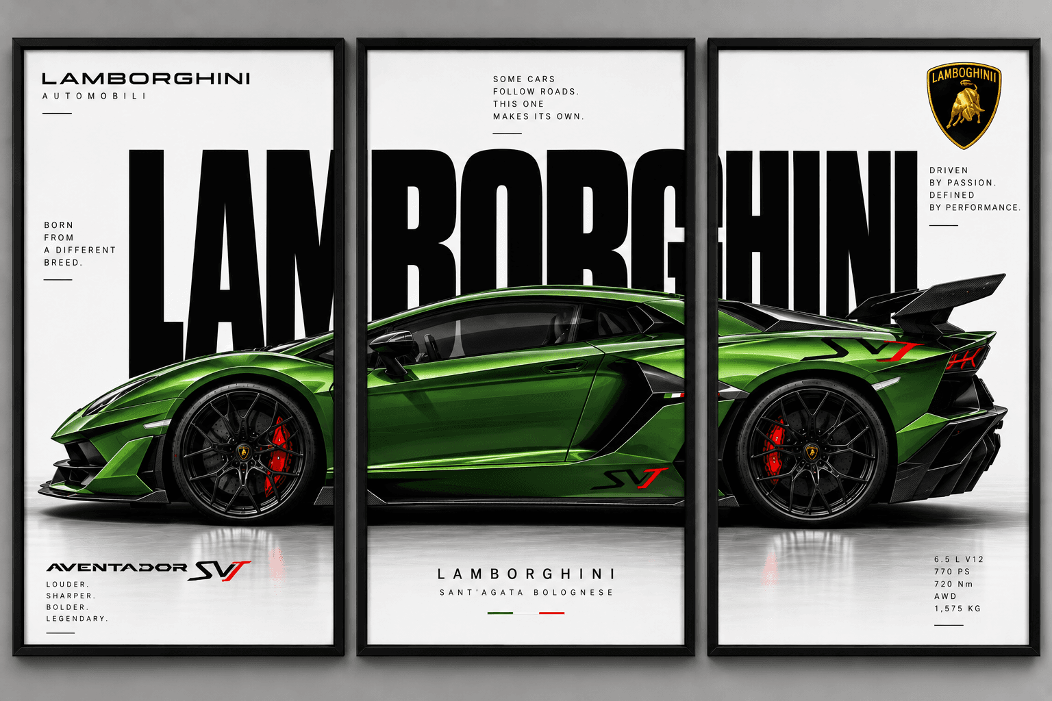 Green Lamborghini Aventador SV Three in One, set of three separate framed posters