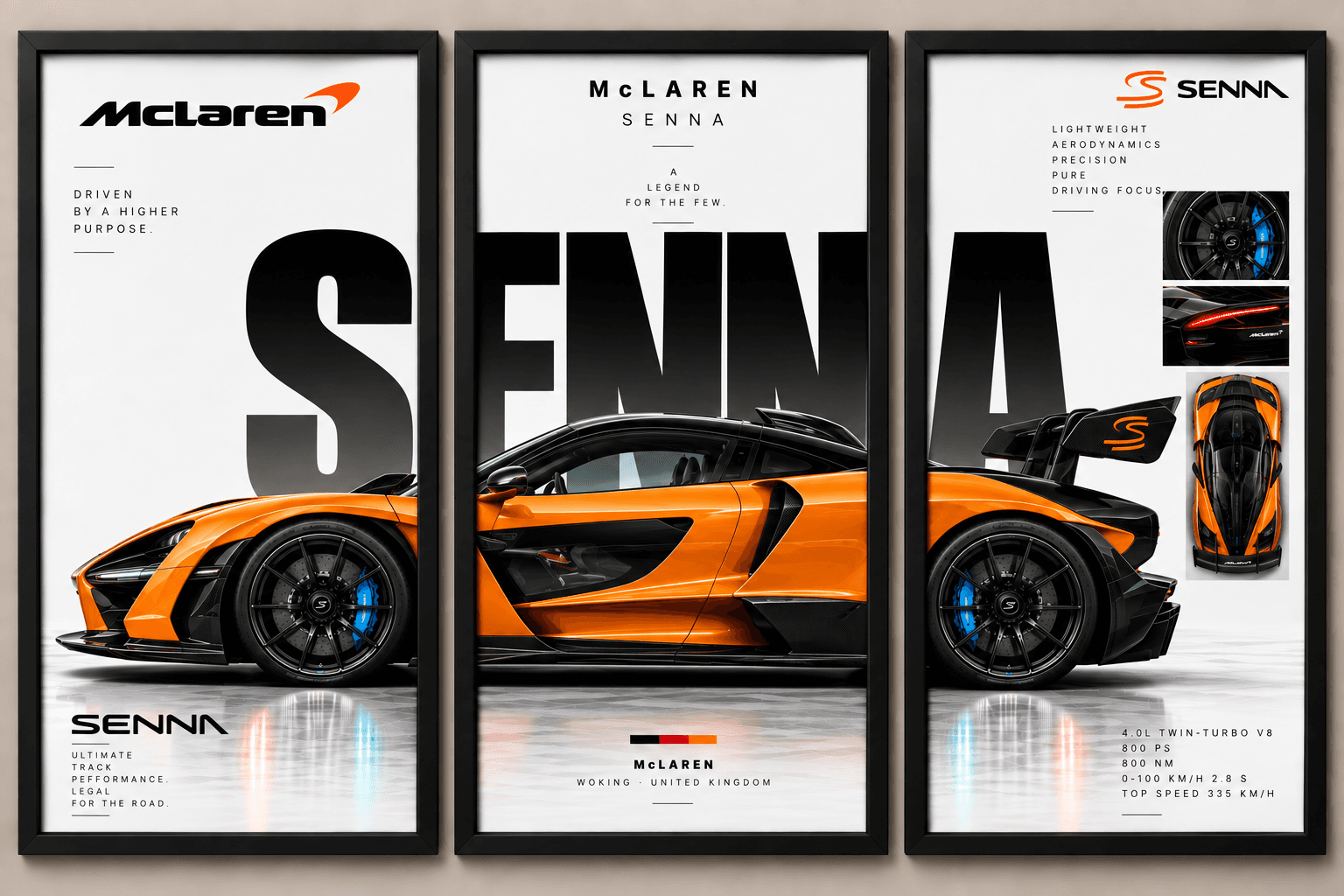 Orange McLaren Senna Three in One, set of three separate framed posters spelling Senna