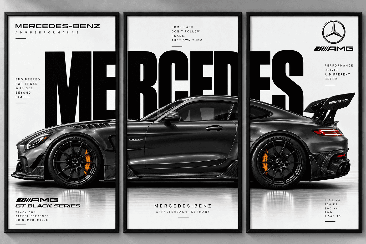 Black Mercedes-AMG GT Three in One, set of three separate framed posters spelling Mercedes