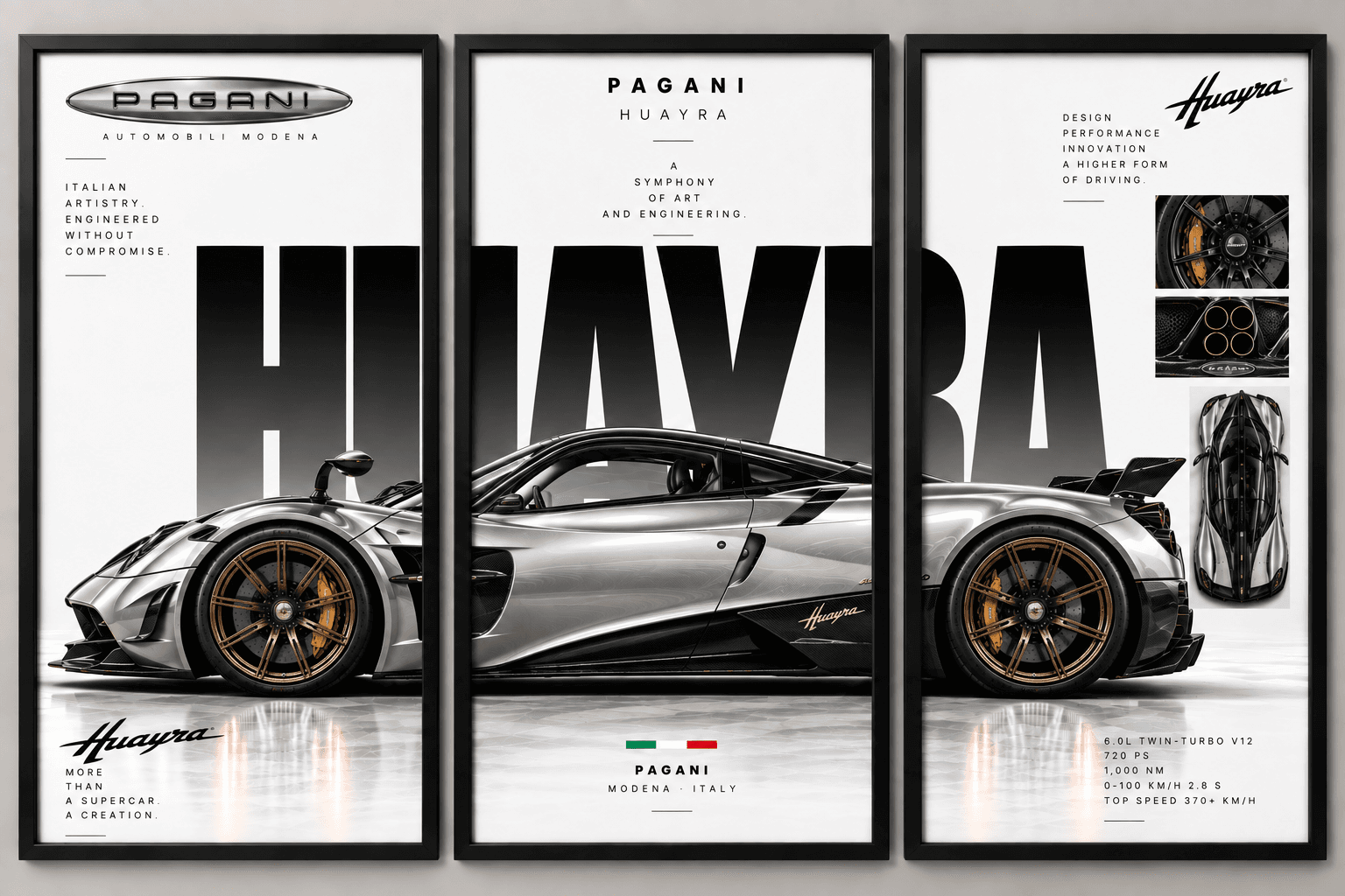 Pagani Huayra Three in One, set of three separate framed posters