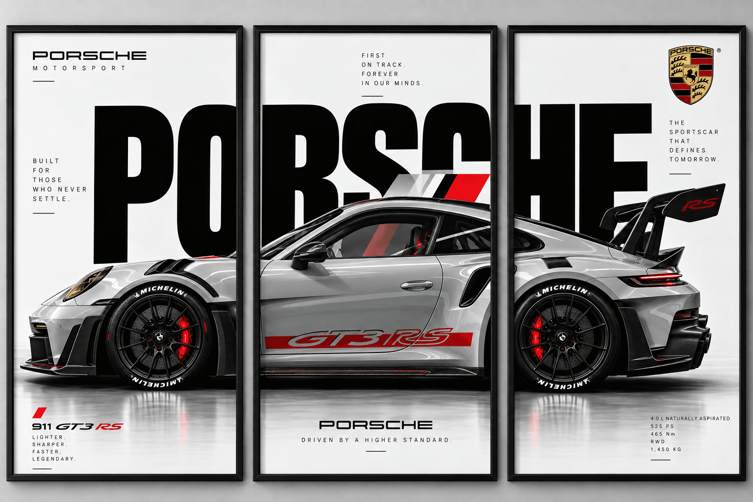 Silver Porsche 911 GT3 RS Three in One, set of three separate framed posters