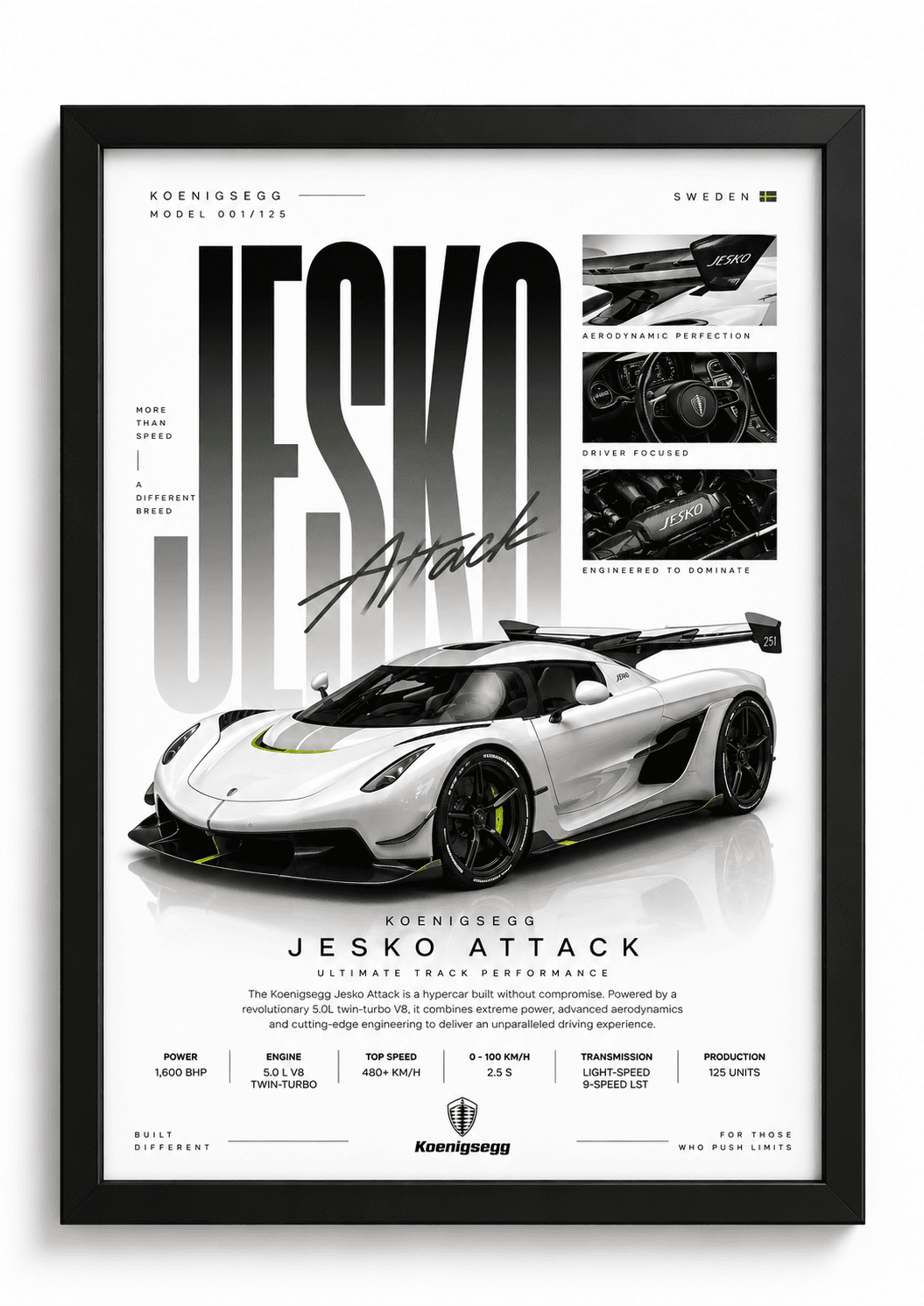 Framed white Koenigsegg Jesko Attack hypercar poster with JESKO typography