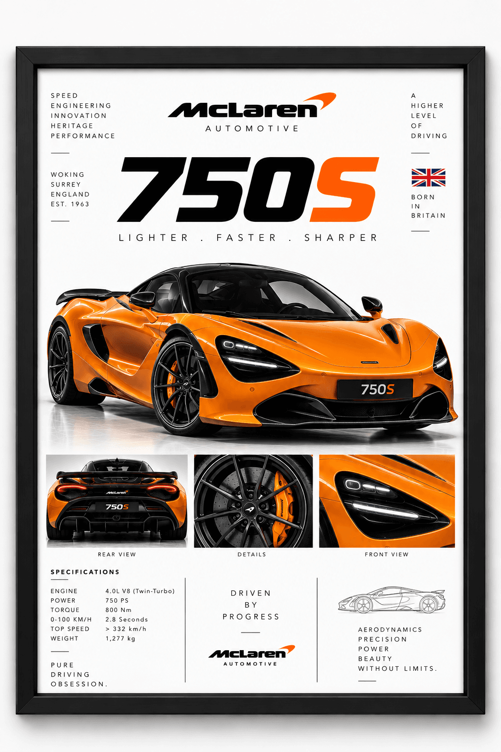 Framed orange McLaren 750S supercar poster with spec details