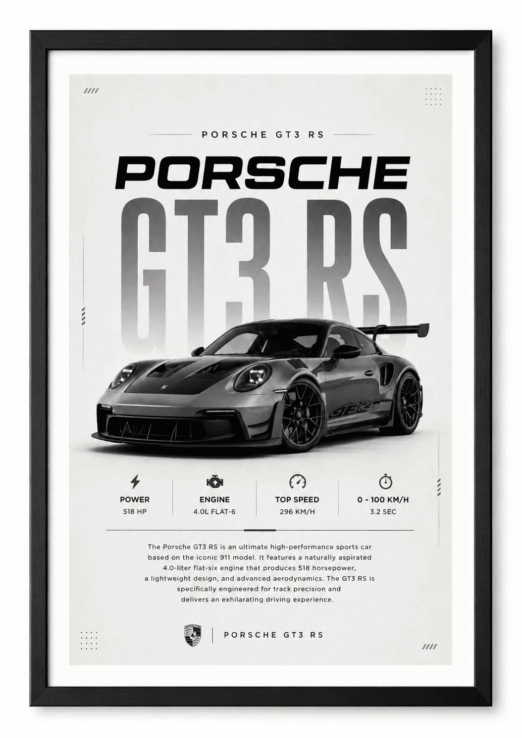 Framed grey Porsche 911 GT3 RS track car poster with performance stats
