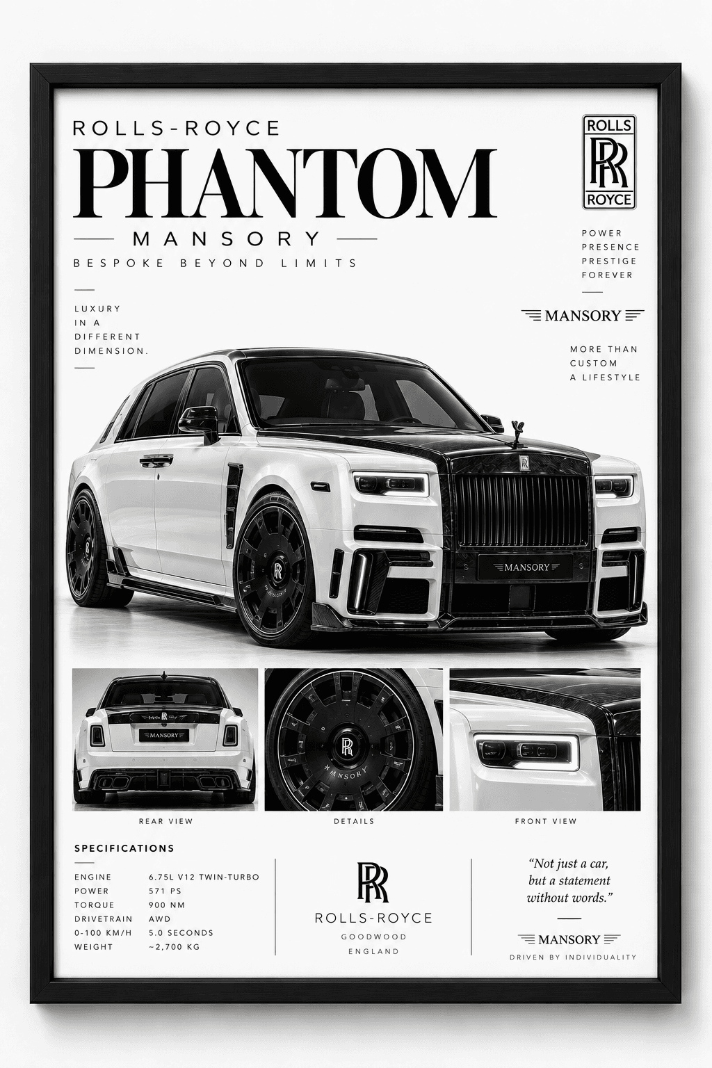 Framed white Rolls-Royce Phantom Mansory luxury poster with detail shots