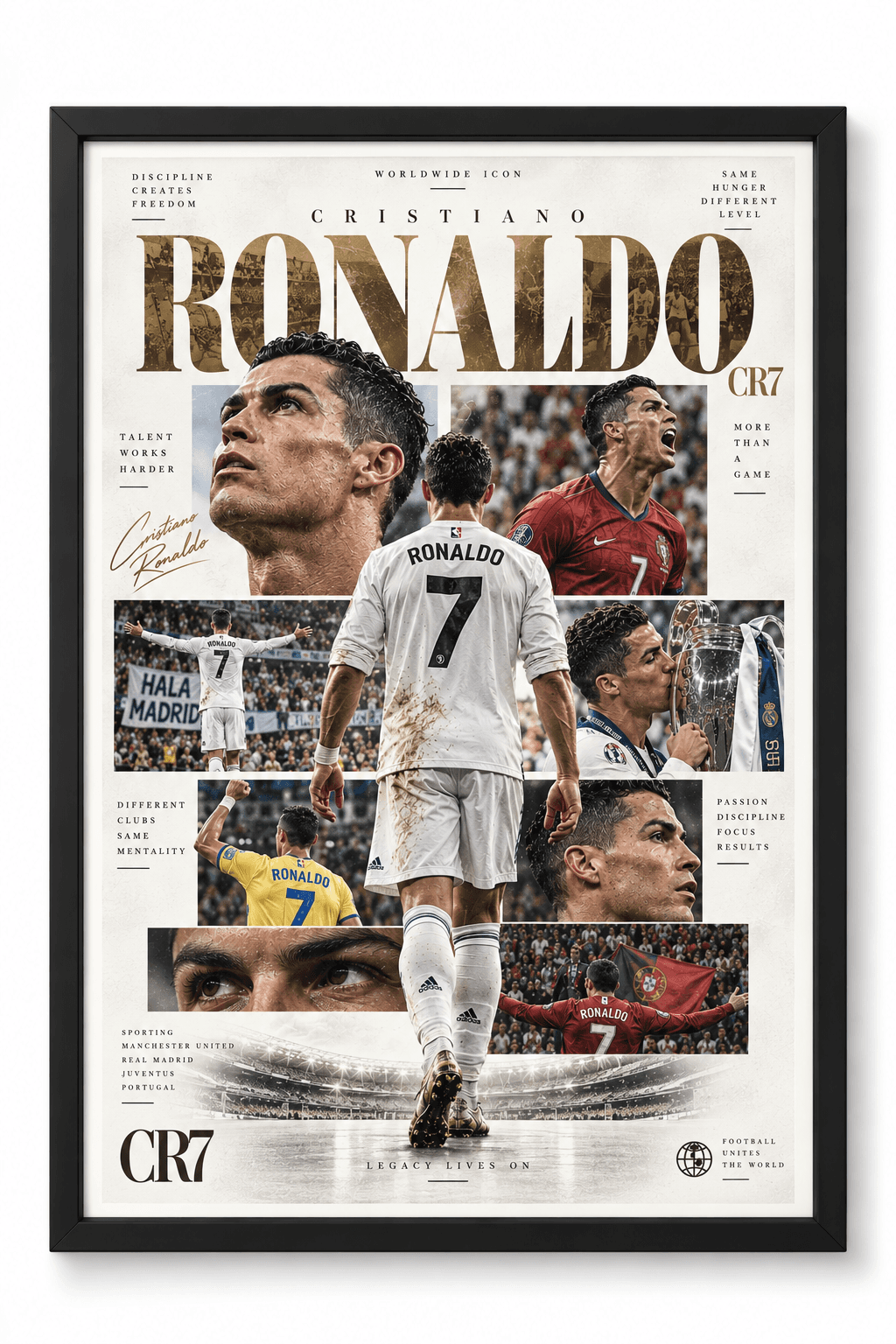 Framed Cristiano Ronaldo CR7 career collage poster with number 7