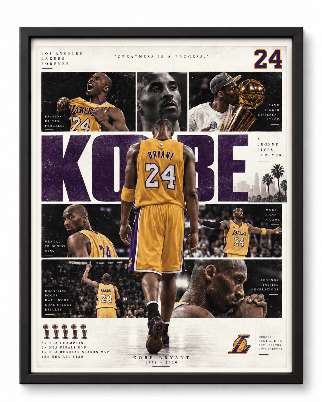 Framed Kobe Bryant number 24 collage poster in Lakers gold