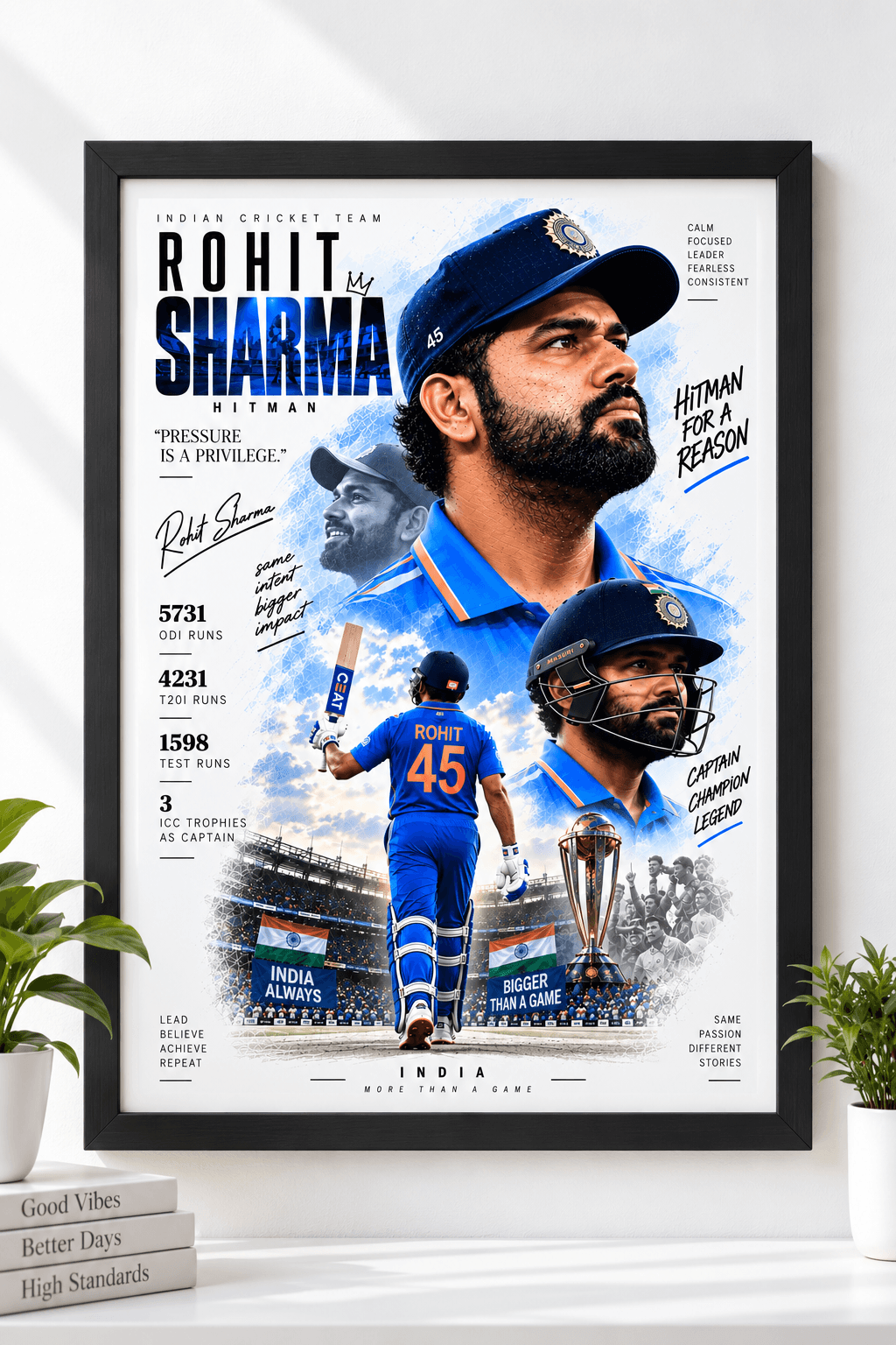Framed Rohit Sharma India number 45 tribute poster