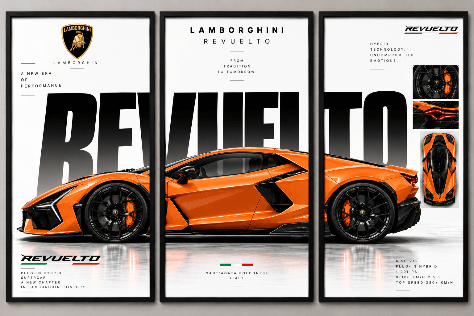 Orange Lamborghini Revuelto Three in One, set of three separate framed posters